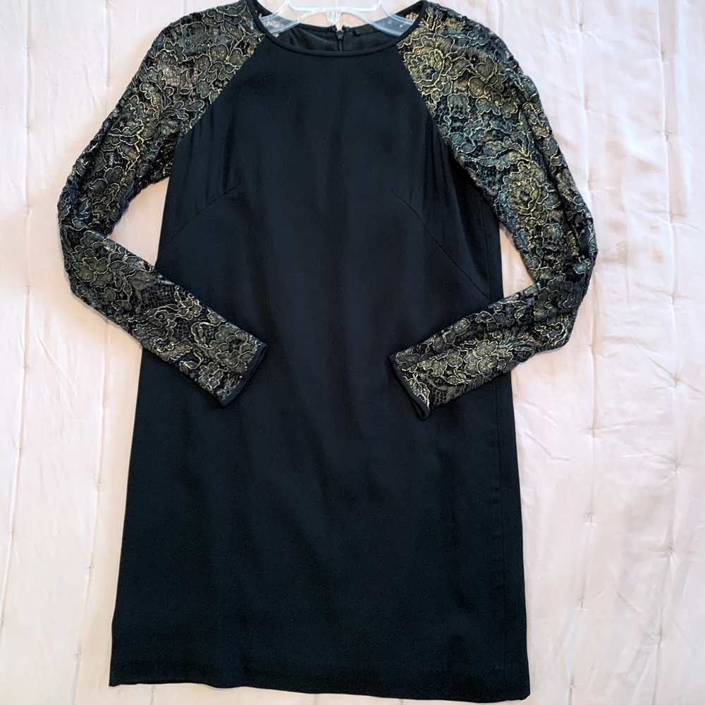 Tibi black dress with gold lace sleeves